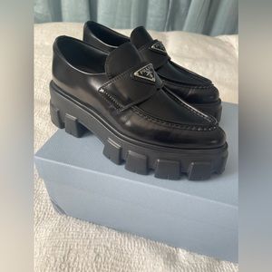 Prada Monolith Pointy Brushed Leather Loafers, size 6.5